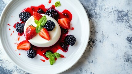 Creamy white panna cotta dessert with fresh strawberries, blackberries, and berry sauce on a white plate.
