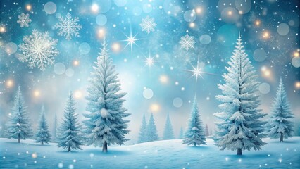 Fototapeta premium Whimsical winter scene with delicate snowflakes gently falling against a calm blue background, surrounded by minimalist festive elements and subtle snow-covered trees.