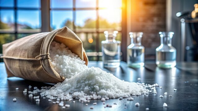 White crystals of sodium hydroxide, commonly known as lye or caustic soda, spill from a torn chemical bag in a well-lit laboratory setting.