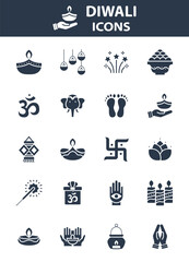 Diwali hindu celebration elements, line icons
