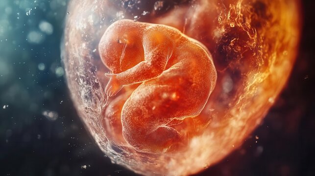 A detailed image of a human embryo in the womb, showcasing early stages of development with vibrant colors and intricate details.