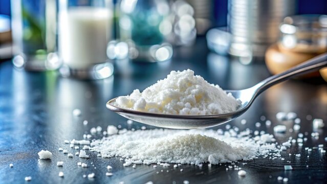 White granular magnesium stearate powder, a common lubricant in pharmaceutical and cosmetic manufacturing, spills from a spoon on a laboratory countertop surface.