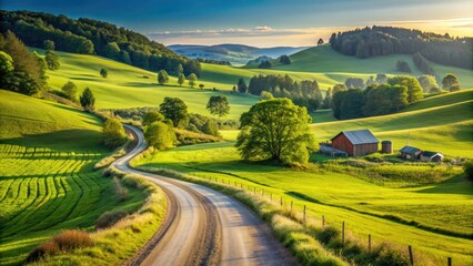Fototapeta premium Winding dirt road traverses through lush green fields of a rural farm, surrounded by dense forests and rolling hills under a clear blue sky.