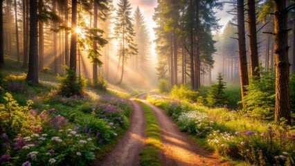 Obraz premium Winding dirt trail leads through misty forest, with sunlit trees and wildflowers guiding the way, symbolizing a journey of self-discovery and new beginnings.