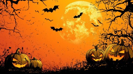 Halloween night with pumpkins and full moon