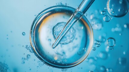 Close-up of a pipette dropping fluid into a petri dish with bubbles, representing scientific research and laboratory experiments.