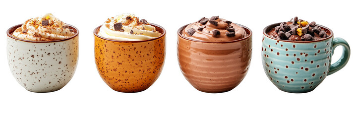 Hot chocolate with whipped cream and toppings in cozy mugs festive drinks transparent background