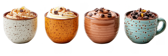 Hot chocolate with whipped cream and toppings in cozy mugs festive drinks transparent background