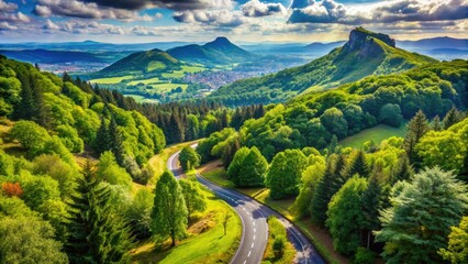 Winding mountain road surrounded by lush green forests and towering trees in Clermont-Ferrand, France, offering breathtaking scenic views of the Auvergne landscape.