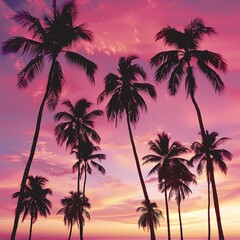 Naklejka premium A stunning sunset with palm trees silhouetted against a vibrant pink and purple sky, capturing tropical beauty and tranquility.