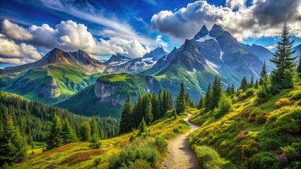 Winding mountain trail stretches into the distance, surrounded by lush green forests and majestic peaks, under a clear blue sky with puffy white clouds.