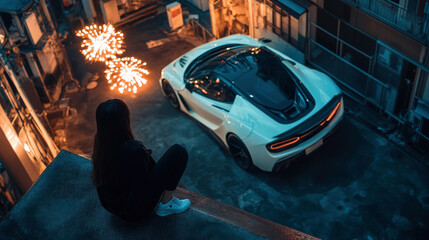 Woman observing fireworks and luxury car in an urban setting