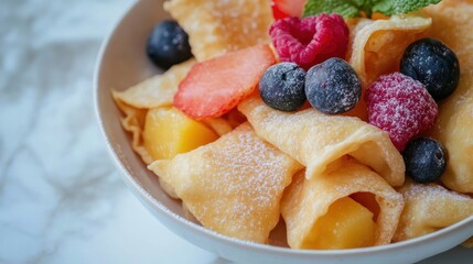 A bowl of sweet crepes topped with fresh fruits and powdered sugar.