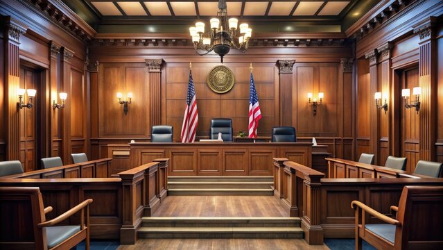 Wooden judge's bench and chairs in a formal, dimly lit courtroom with a high ceiling, flag, and rows of empty seats, awaiting trial proceedings.