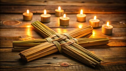 Woven reeds form a sacred Celtic symbol of protection, the traditional St. Brigid's Cross, displayed on a rustic wooden table amidst soft, warm candlelight.