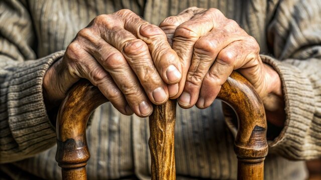 Wrinkled hands holding a worn wooden cane, with a subtle focus on the aged fingers and veins, conveying a sense of frailty and wisdom.