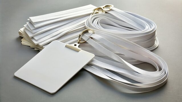 Writable Name Tags On A Striped Lanyard, Tied To A Stack Of Blank White Labels