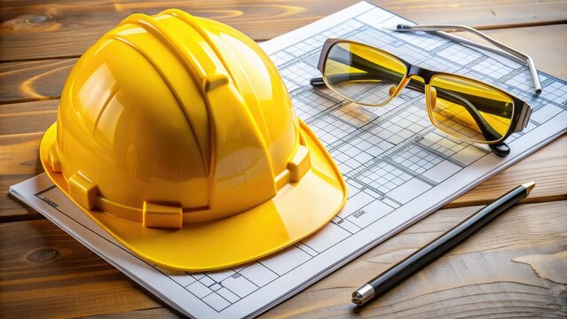 Yellow hard hat and safety goggles on a clipboard with a checklist, surrounded by construction plans and warning signs, emphasizing workplace safety management.