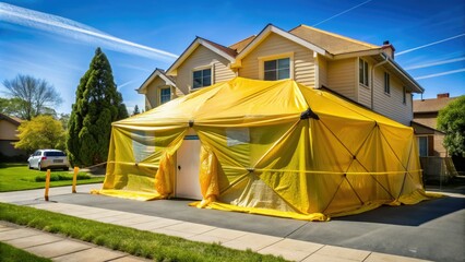 Yellow warning tape surrounds a suburban home undergoing fumigation, with a large tent covering the entire structure to contain toxic gas treatments.