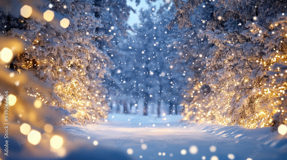 Poster snow-covered forest pathway with glowing fairy lights and falling snowflakes creating a magical wint