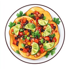 A colorful plate of tacos topped with beans, vegetables, and lime wedges, perfect for showcasing fresh Mexican cuisine.