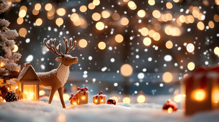 Festive scene with a decorative reindeer, snow-covered landscape, glowing lights, and colorful gift boxes during a winter snowfall