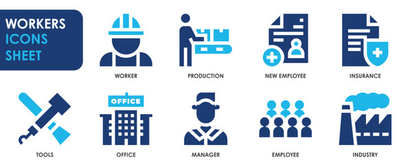 A set of solid icons related to Workers. Employee, job, insurance, factory, production, manager, and office. Vector flat icons set.