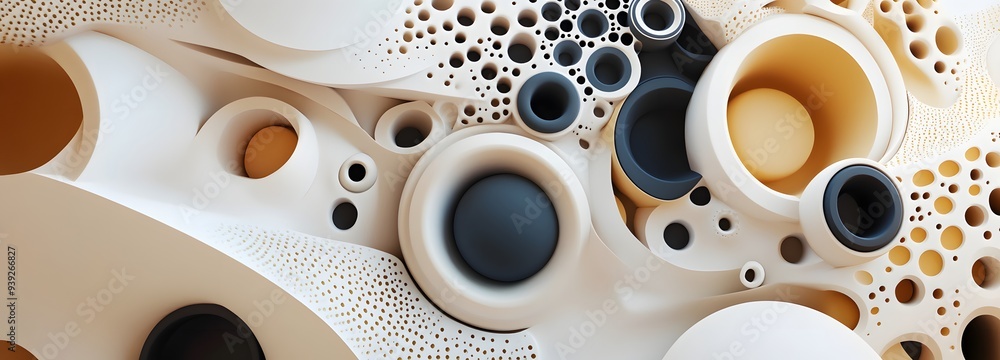 Poster 14. dynamic 3d render featuring a fusion of geometric shapes and circular ceramic patterns