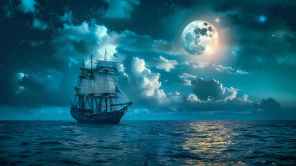 Fototapeta premium Sailing old ship in calm sea - Night sky with moon in the clouds