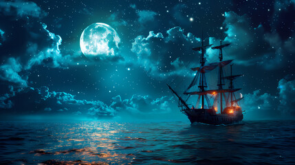 Fototapeta premium Sailing old ship in calm sea - Night sky with moon in the clouds