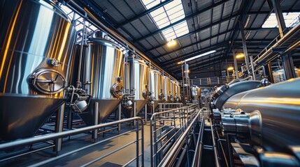 Brewery food industrial production concept. Large reservoirs or tanks in modern beer factory, Pipes stainless steel brewing equipment.