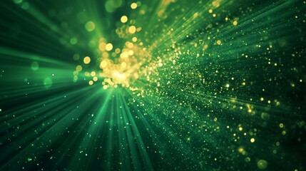 Obraz premium Asymmetric green light burst, abstract beautiful rays of lights on dark green background with the color of green and yellow, golden green sparkling backdrop with copy space
