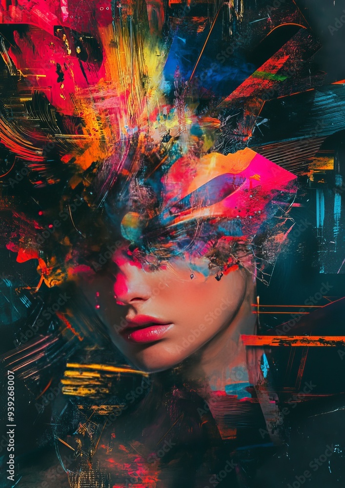 Poster Vivid abstract painting merging bold colors and dynamic shapes, evoking strong emotions and intense visual energy in a modern art style.