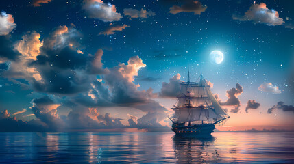 Obraz premium Sailing old ship in calm sea - Night sky with moon in the clouds