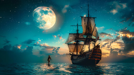 Fototapeta premium Sailing old ship in calm sea - Night sky with moon in the clouds