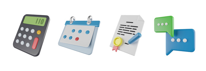Calculator, Appointment, Certificate, Chat, startup 3d icon set, transparent background