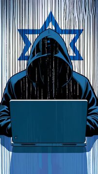 Hacker with binary code and abstract Israeli flag on background. attacking internet Hacking malware concept. Hacker abstract laptop binary code digital interface. Virus, Spyware