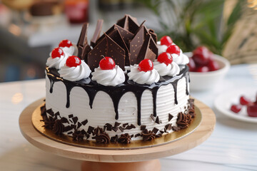 Black forest cake, Schwarzwald pie. Cake with dark chocolate, whipped cream and cherry. 