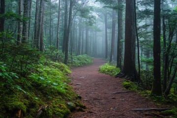 Obraz premium Mysterious trail through a dense forest beneath cloudy skies