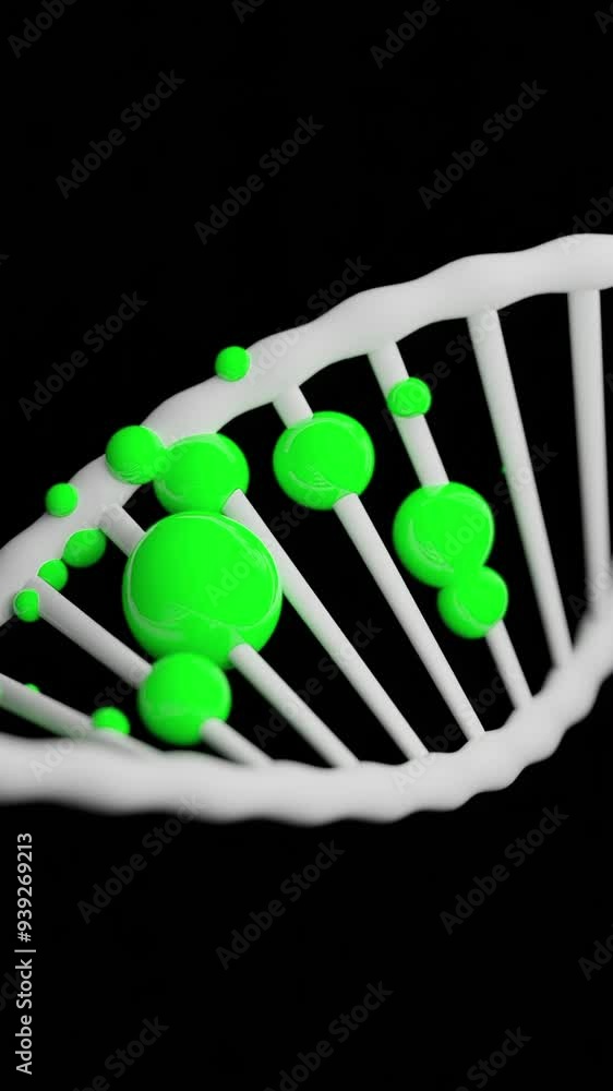 Poster colored molecules on dna. design. 3d animation of dna chain with moving molecules. disease of dna st