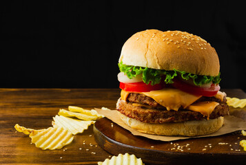 Tasty homemade burger. Set of tasty cheeseburger, beef and ham burger with fresh vegetables, mouth-watering delicious sauce, on dark wooden background.