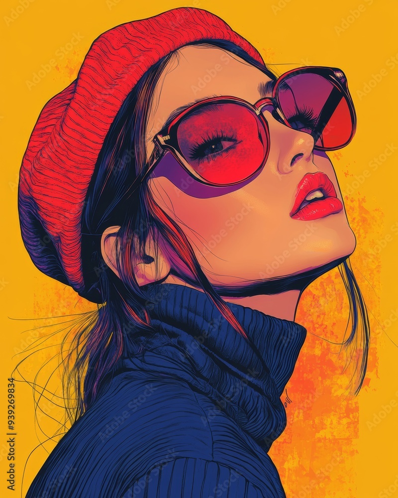 Canvas Prints Artistic illustration of a person in a red beret and dark sweater with a stimulating bright yellow background.