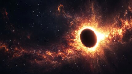 Fototapeta premium A black hole's immense gravity pulls in surrounding gas and dust, heating them intensely. From the black hole's poles, powerful gamma ray bursts erupt, shooting into the vastness of space. 