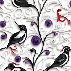 seamless pattern of 3D Woodpecker bird,  paper quill pattern.	
