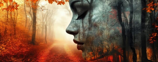 A stunning artistic portrayal of a woman's profile merged with a serene autumn landscape, evoking deep emotions and tranquility.