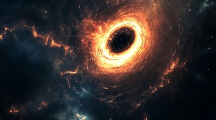 A black hole's immense gravity pulls in surrounding gas and dust, heating them intensely. From the black hole's poles, powerful gamma ray bursts erupt, shooting into the vastness of space. 