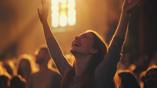 Young woman in a crowded church raising her hands in worship with joyful expression under warm sunlight streaming through a stained glass window, copy space