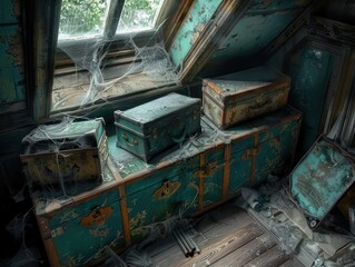 Obraz premium Abandoned attic with old chests covered in cobwebs, evoking a sense of nostalgia and mystery. Perfect for vintage themes.