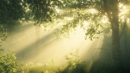Fototapeta premium Misty Forest at Dawn with Light Beams