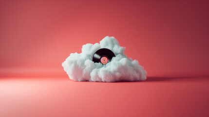 Creative picture of an old vinyl record surrounded by a fluffy white cloud, floating in front of a soft red background